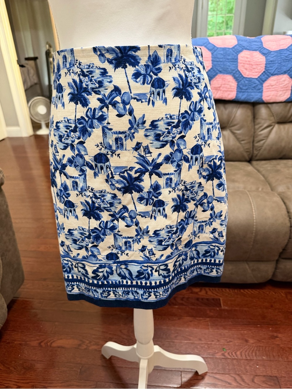 LOFT Blue and Cream A-Line Printed Skirt